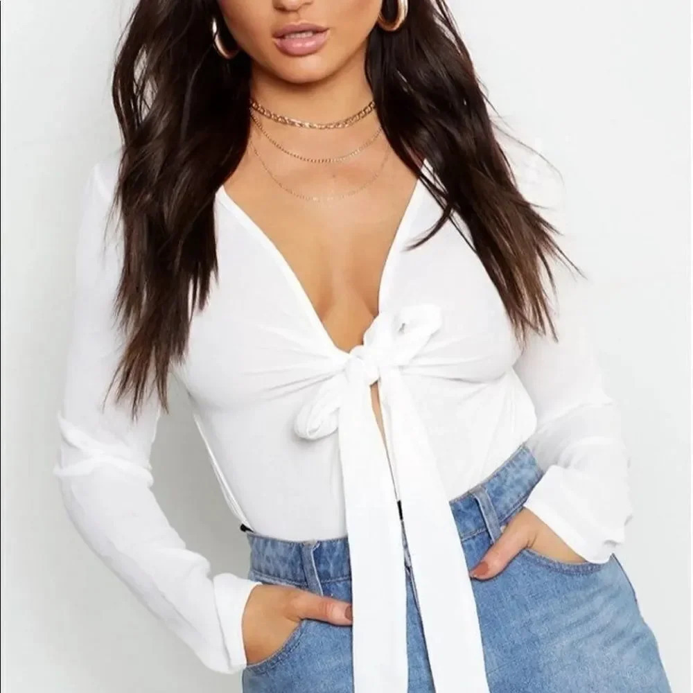 Boohoo White Black Tie Front Bodysuit Size 4